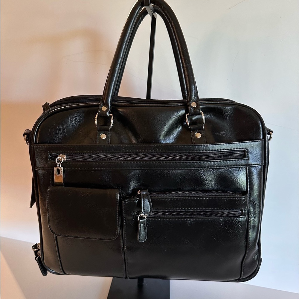 Black Vinyl Laptop Briefcase Business Tote Bag Multi Pocket Zip Work Bag
